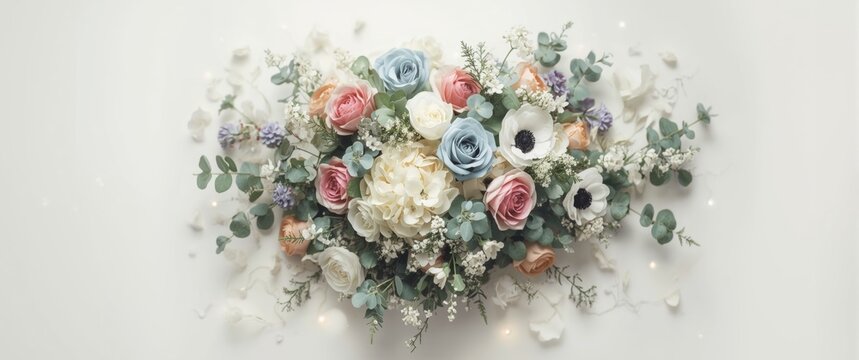 Wedding floral composition featuring dusty blue rose, white hydrangea, ranunculus, anemone, eucalyptus, greenery, juniper, brunia in vector design frame