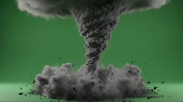 A powerful tornado of dark smoke and debris swirling violently against a green screen background.