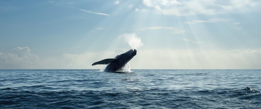 Large mammal Blue whale blowing water from blow hole in Sri Lanka's Mirissa