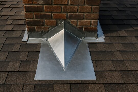 Precision metal chimney flashing installed on shingle roof, showing layered geometry for water diversion and weather sealing
