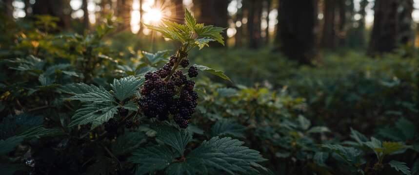 Blackberries in their early stage on a blackberry bush in British Columbia, Canada