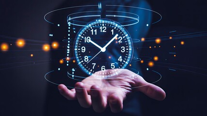 Digital clock floating above human hand representing time concept
