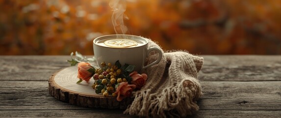 Warming beverage for cold and flu: Cup of tea with lemon, woolen scarf, and wild rose in autumn setting