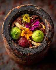 Artistic food presentation Edible flowers and fruit in rustic bowl.