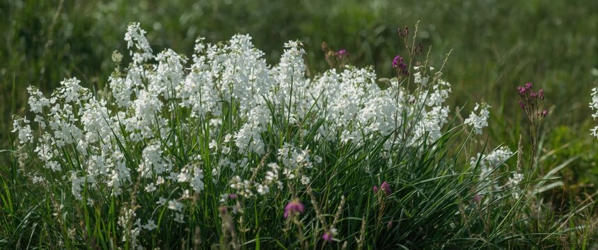Meadow with masses of white sweet rocket, dames rocket, or hesperis matronalis