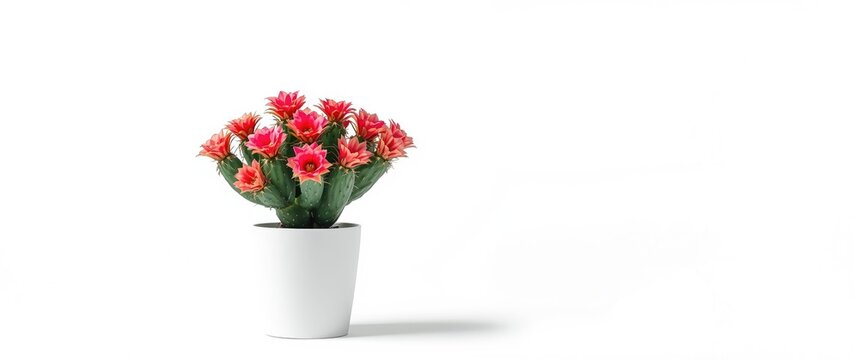 Beautiful blooming Christmas cacti with colorful pink red flowers in white pot isolated on white background