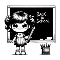 Back to School illustration: An adorable cartoon girl holding a pencil, stands confidently in front of a chalkboard. A symbol of knowledge.