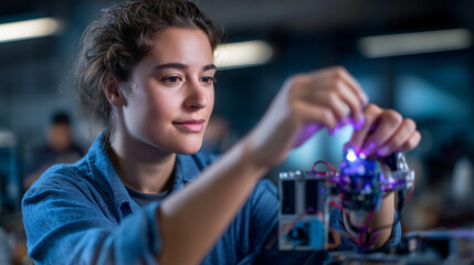 Faceless woman programming robotic arm mechanism STEM learning Arduino sensor integration electronic board development autonomous system testing home technology education wit