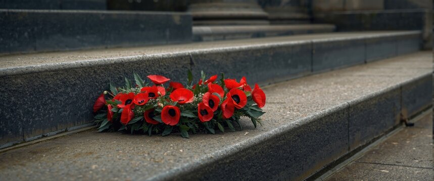 Close-up of a war poppy wreath placed on the memorial stairs in Ieper