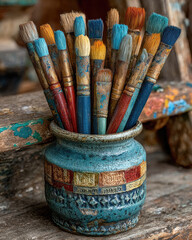 Artistic Still Life Paintbrushes in a Colorful Ceramic Vase.