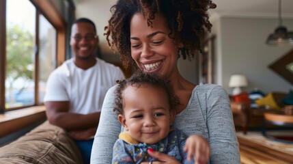 Mother holding baby at home, warmth and family connection