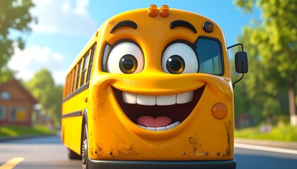 Happy Yellow School Bus on Road.
