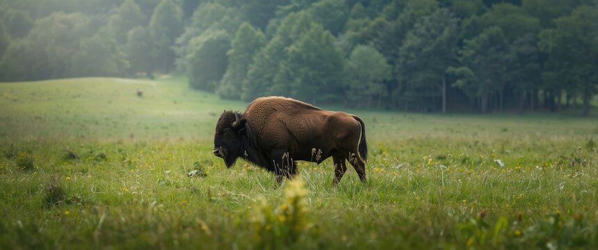 Bison roaming in the wild in Buz&Auml;&fnof;u featuring summer, lush greenery, grass, landscape, forest, and farm surroundings