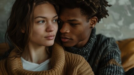 Close portrait of young couple in intimate moment, emotional connection