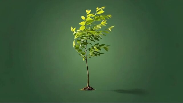 A young sapling tree with vibrant green leaves stands alone against a deep green background, symbolizing growth and new beginnings.