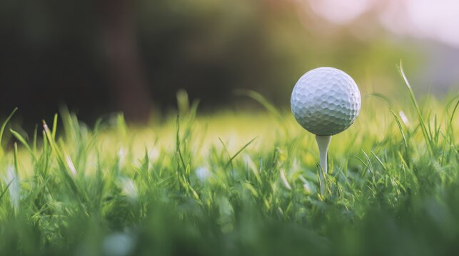 A golf ball rests on lush green grass, capturing the tranquility of the outdoor sports environment. Club poster designed specifically for fitness applications.