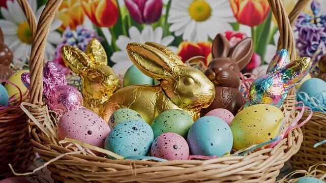 Vibrant painted Easter egg featuring whimsical bunny illustration nestled inside rustic woven basket set against bright cheerful spring floral pattern for holiday celebration