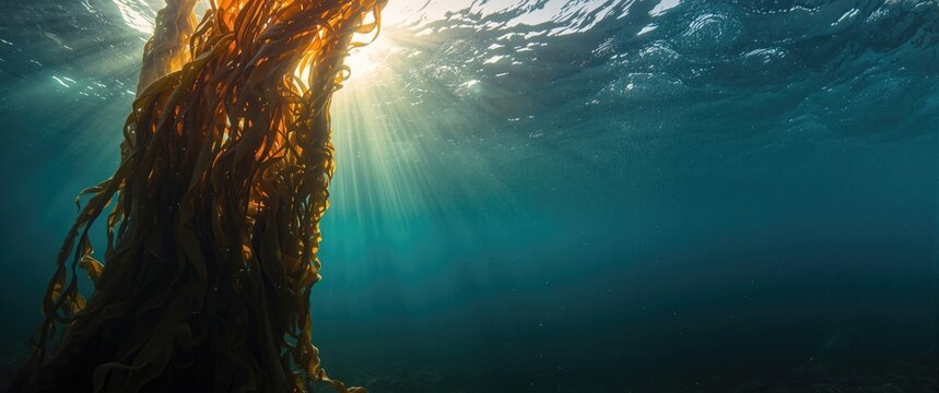 Sunlight streams into Monterey Bay beneath the towering kelp forest of Macrocystis pyrifera