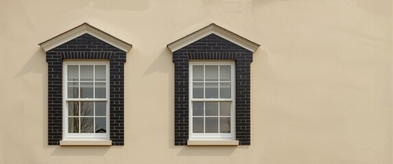 Fototapeta premium Building with two dormer windows, each containing double-hung windows, and a cream stucco exterior with black brick paneling