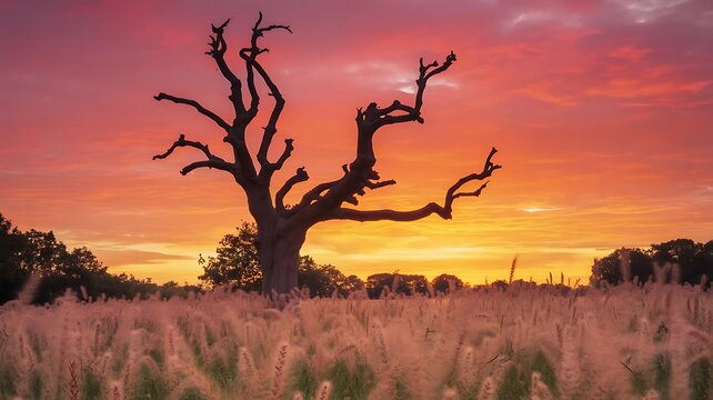 silhouette of a tree at sunset - Powered by Adobe