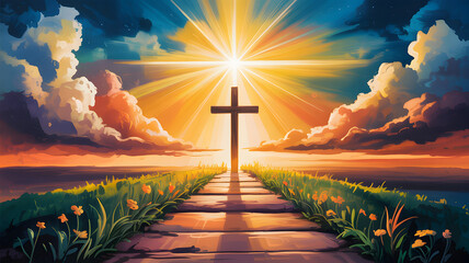 A serene pathway to the cross at sunset with vibrant clouds and flowers