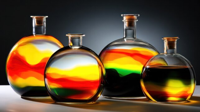 Glass demijohns filled with vibrant liquids, showcasing optical refraction and crisp studio lighting. science education visuals.