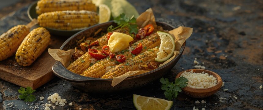 Ideas for barbecue and grill parties including Mexican elotes with cheese, chili pepper, and lemon on a dark stone surface