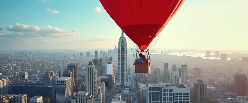 A couple in a hot air balloon soars over a sprawling cityscape at sunset, with the camera gently tracking their ascent as skyscrapers drift below, in a cinematic and inspiring journey.