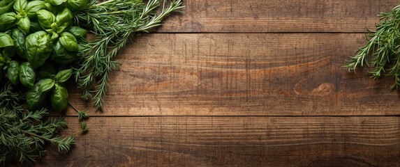 Assorted fresh herbs for culinary use displayed on wood surface