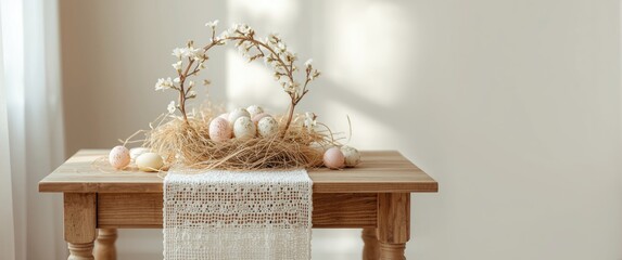 Spring-themed Easter Background with White Frame and Wooden Table Design