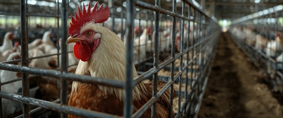 Broiler chicken development: Large broiler rooster inside a cage eating feed with poultry farm background