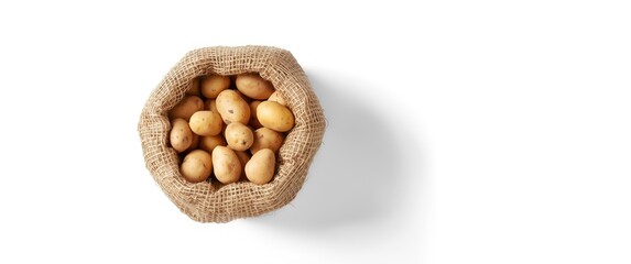 Obraz premium Uncooked Harvest potatoes in burlap sack against white backdrop