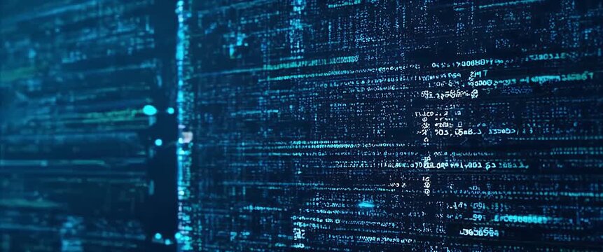 Glowing digital code streams across a futuristic monitor, while a slow camera pan reveals the high-tech environment in a cinematic style, ideal for technology and innovation themes.