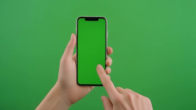 Human hands interact with a green screen smartphone