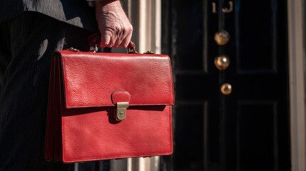 United kingdom chancellor carrying the official red budget briefcase. Generative ai