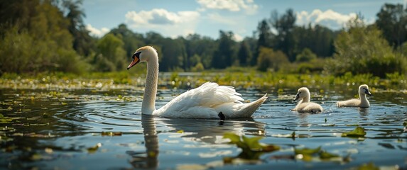 Elegant wild swan and baby on the lake water, surrounded by nature, love, hair, white, animal, garden, green