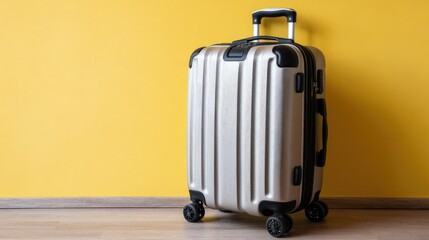 Beige suitcase placed on light yellow background showing its design and space for additional items near it