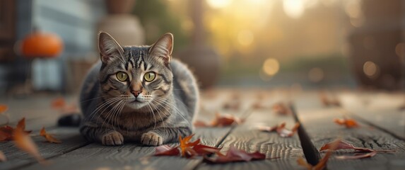 Gray and tan striped tabby cat on porch, captured in close-up with shallow depth of field and landscape view