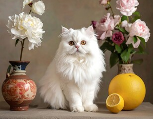A fluffy, white feline sits between vases of vibrant blossoms and fruit, creating a still life. Soft lighting adds depth