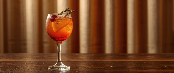 Long clear goblet filled with rum punch and Tabasco sauce on a bar's wooden surface