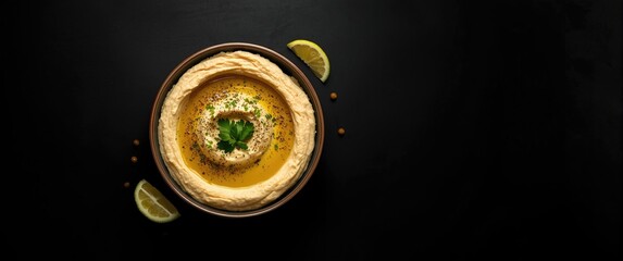 Obraz premium Bowl of Hummus Beiruti against a black backdrop
