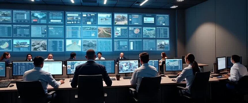 High-tech command center with analysts at work; slow pan across digital screens; ambient flicker of monitors; cinematic, professional atmosphere; technology and innovation focus.