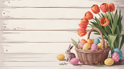 Easter still life with tulips and eggs in a basket