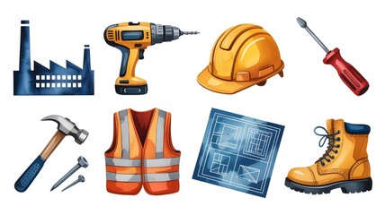 Construction site essentials: tools, safety gear, and building illustration