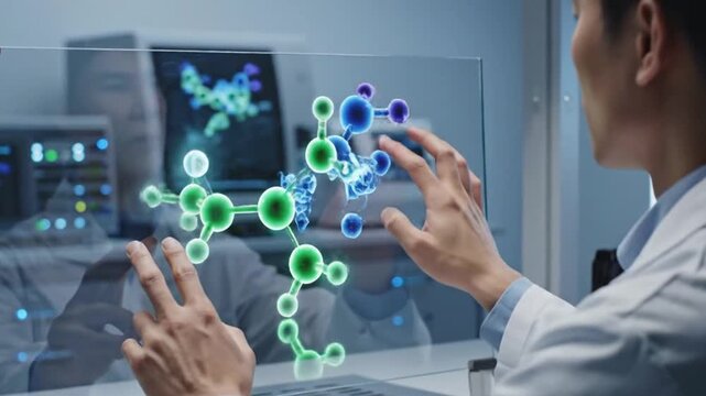 Medical biotechnology researcher interacting with molecular structure interface in laboratory showing advanced healthcare innovation science and digital research concept