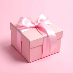 Fototapeta premium Soft pink square gift box tied with satin ribbon sits on matching pink backdrop under gentle lighting