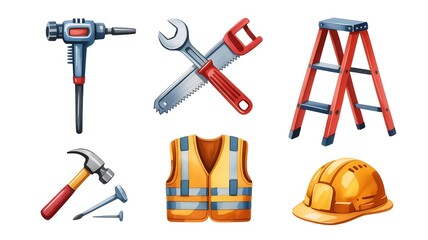 Collection of construction tools and safety equipment on a white background