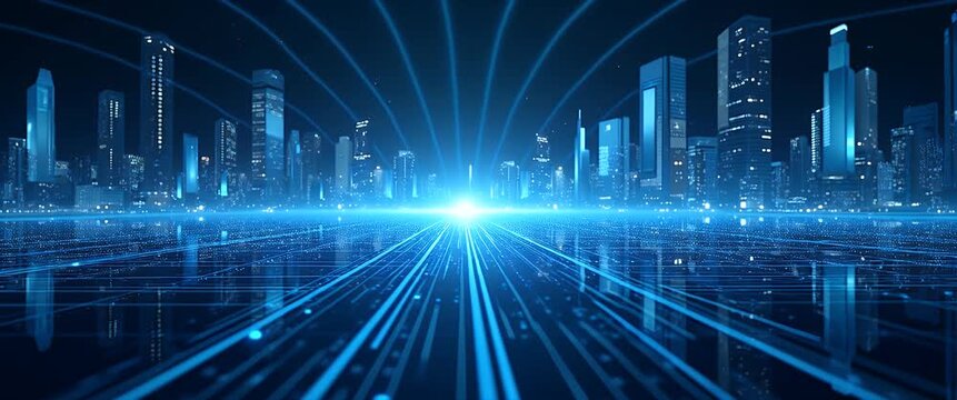 Futuristic city skyline with glowing skyscrapers, as traffic flows smoothly on digital highways; camera slowly pans, clouds drift overhead, creating a cinematic and vibrant urban atmosphere.