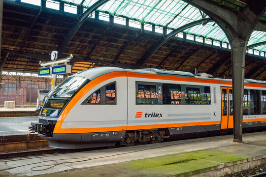 G&ouml;rlitz, Germany-Jul 28, 2024 Cross-border Trilex train to Dresden, at G&ouml;rlitz railway station.