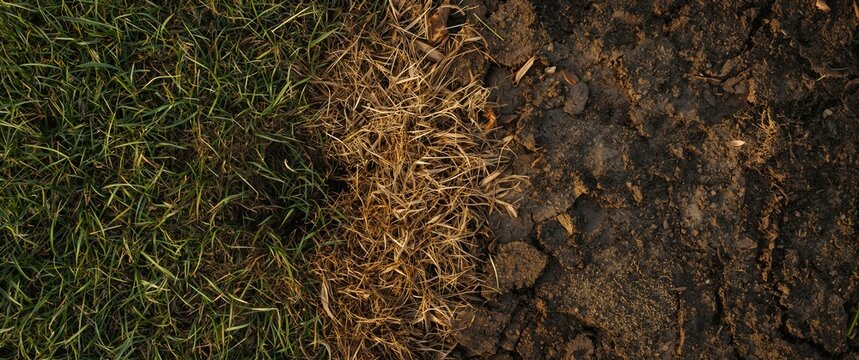 Change of dry grass leaf from green to dead brown on a circular lawn texture background featuring dead dry grass